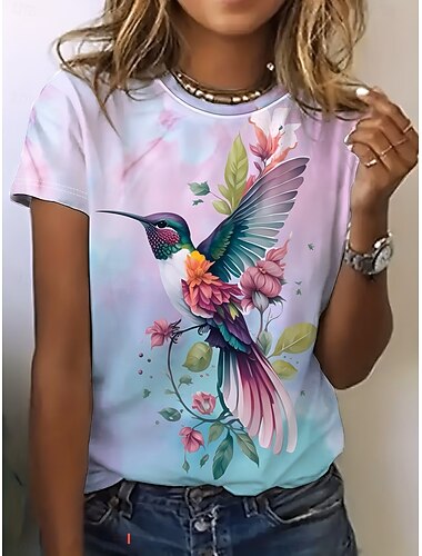  Dames T-shirt Afdrukken Grafisch dier Vintage Stijlvol Klassiek Korte mouw Strakke ronde hals Ronde hals Normale tops Dagelijks Weekend Zwart En Rood Wit / blauw Stoffige roos Zomer Lente Herfst