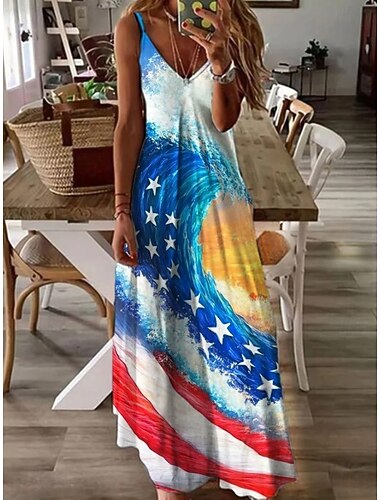  Amerikaanse onafhankelijkheidsdag Dames Maxi-jurk Slipdress Feest Dagelijks Strand Normale pasvorm Sterren en strepen Mouwloos V-hals Spaghettibandjes blauw Rood Zomer Lente