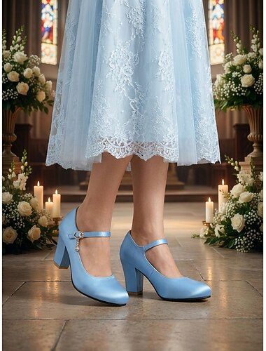  lyseblå Mary Jane hæler for kvinner med dekorativ spenne og blokkhæler – elegant fottøy for fester og formelle arrangementer