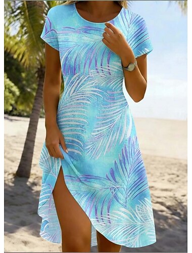  نسائي فستان قصير فستان خفيف فستان تيشيرت فستان شكل حرف A العطلة كاجوال الأماكن المفتوحة شاطئ مناسب للخارج عادي ورد الرسم ورق كم قصير كرونيك أخضر غميق أخضر فاتح أزرق فاتح - أبيض الصيف الربيع