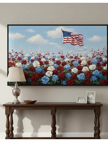  Amerika 250 Jahre – handgemaltes Ölgemälde auf Leinwand – Wanddekoration mit amerikanischer Flagge, Sternen, Streifen, Rosengarten und wunderschöner Landschaft – gerollt, rahmenlos, ungespannt.
