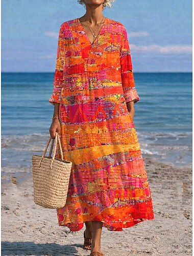  Damen Midi Kleid V-Ausschnitt Langarm Kaftan Leicht Lockerer Schnitt A-Linien Kleid Lässig Boho Ausgehen Grafisch Geometrisch Streifen Langarm V-Ausschnitt Orange Rot Schwarz Gelb Pink