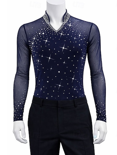  Kunstschaatstopje Voor heren Schaatsen Tops Marine Lapwerk Rekbaar Opleiding Wedstrijd Kunstschaatskleding Klassiek Kristal / Bergkristal Lange mouw Schaatsen Kunstschaatsen