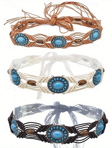  Damesriem in bohemian stijl met gewaxte koordaccenten en turkooizen steentjes, verstelbare gevlochten tailleband, veelkleurig accessoire in vintage stijl, perfect voor dagelijkse casual kleding, vakantie, strand en resortkleding.