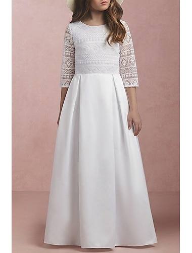  A-Linje Gulvlang Blomsterpike Kjole Første Kommunion Søt Ballkjole Sateng med Perler Elegant Passform 3-16 År