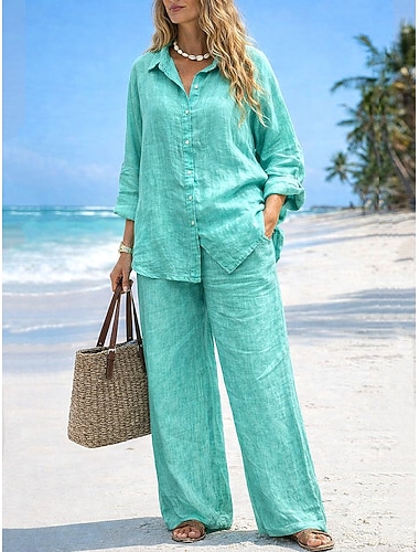  Mujer Conjuntos de pantalones Bolero Lino de algodón sintético Manga Larga Cuello Camisero Color sólido Moda Ropa de calle Casual Diario Exterior Azul Piscina Negro Blanco Verano Holgado