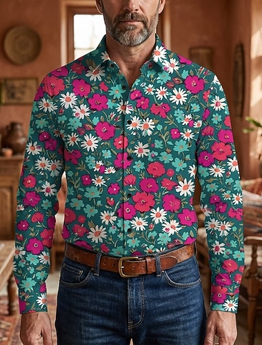  Retro vintage Jaren '70 Hemd Aloha-shirt Lange Mouwen Hippie Bloemig Kostuum Voor heren Maskerade muziekfestival Feest Alledaagse kleding Volwassenen Hemd