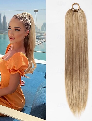  وصلة شعر ذيل حصان للنساء، ذيل حصان طويل مضفر مع ربطة شعر، وصلة شعر ذيل حصان صناعية مستقيمة ملفوفة بطول 22 بوصة (خصلات شقراء ذهبية)