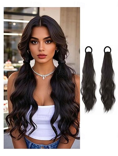  2 Stück lockige Pferdeschwanzverlängerungen mit elastischem Band, 43 cm lang, strapazierfähiges, synthetisches, natürlich gewelltes Haar, künstliche Pferdeschwanz-Haarteile für Damen, für den