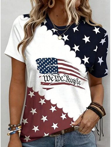  Maglietta patriottica da donna per il Giorno dell'Indipendenza stampa grafica bandiera americana vintage elegante classica maniche corte girocollo regular tops quotidiani weekend bianco-blu bianco
