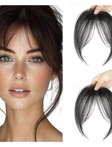  Haarclips mit Pony, Ponyfransen und Schläfenpartie, Haarteile für Damen, Ponyverlängerung für den Alltag (Naturschwarz#)