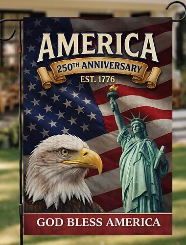  דגל גן לציון 250 שנה לארה"ב, דגל פטריוטי 1776-2026 עם פעמון חירות נשר, פסל החירות בצבע אדום וכחול, קישוט גן