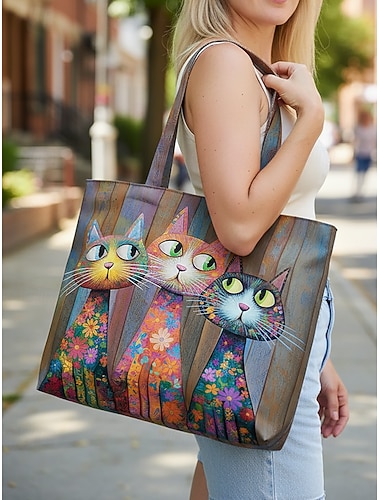  Damestas van polyester, grote inhoud met ritssluiting, verkrijgbaar in verschillende kattendesigns, perfect voor vakanties, winkelen en dagelijks gebruik.