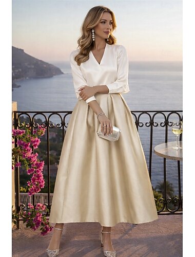  Todelt Te-lengde Cocktailkjoler Festkjoler Elegant Fargeblokk Langermet V-hals Bryllup Festklær Sateng med Plissert