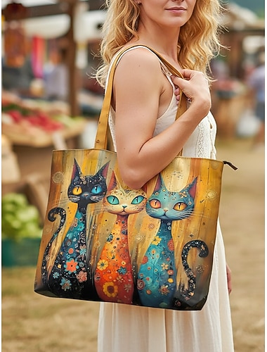  Polyester-Tragetasche für Damen, großes Fassungsvermögen mit Reißverschluss, verschiedene Katzenmotive, perfekt für Urlaub, Shopping und den Alltag.