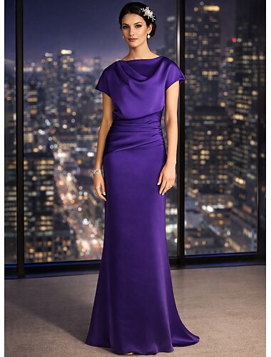  Schlauchkleid Kleid Bodenlang Kleid für Hochzeitsgäste Abendkleid Brautmutterkleid Kurzarm Schulterfrei Elegant Formell Satin mit Gerafft Einfarbig