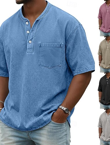  Voor heren Henley-shirt Overhemd van 100% katoen met zure wassing T-shirt T-shirt Korte mouw Effen kleur Retro vintage Casual Vintagestijl Kledingstuk geverfd gewassen Henley Casual Lente zomer Zomer