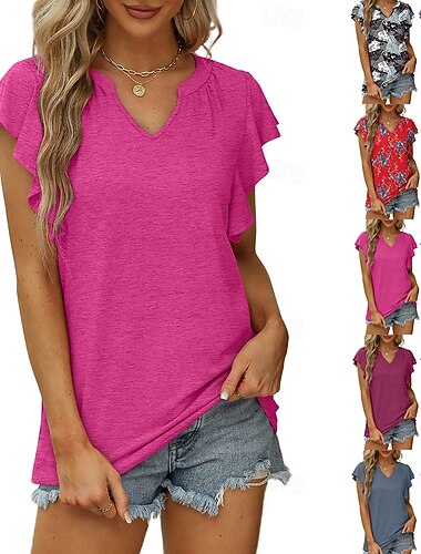  Dame T skjorte Sommertopper T-skjorter Grafisk Planter Stilfull Klassisk Kortermet V-hals Lange topper Daglig Festkveldsklær Sport Blå Gråblå lillarød Svart Hvit Sommer Vår