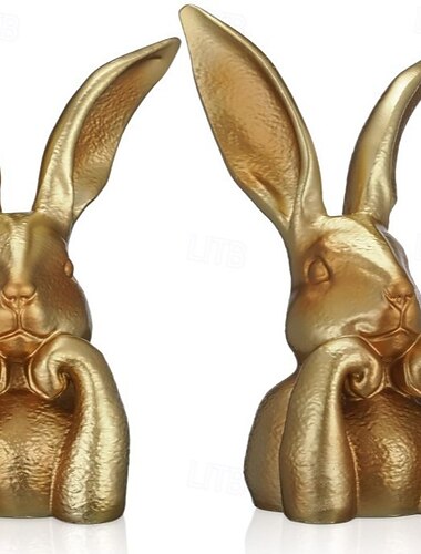  Estatueta de coelho da Páscoa, estátua vintage de coelho em resina dourada, estatueta de coelho pensativo para decoração de mesa, estátua de coelho fofa para decoração de quarto, prateleira ou