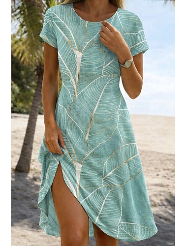  Damen Minikleid Sommerkleid T-Shirt-Kleid A Linie Kleid Urlaub Lässig Outdoor Strand Ausgehen Normale Passform Blumen Grafik Blatt Kurzarm Rundhalsausschnitt Dunkelgrün Hellgrün Hellblau-Weiß Sommer