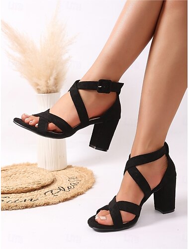  Elegante sorte damesandaler i ruskind med blokhæl - komfortable pæne sko med remme og åben tå &ankelrem til arbejde, kontorbrug &forretningsarrangementer
