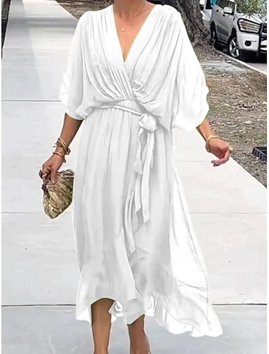  Damen Midikleid Freizeitkleid Elegant Mode Modern Outdoor Urlaub Ausgehen Lässiger Schnitt Einfach Halbarm V Ausschnitt Blau Schwarz Weiß Rote Sommer Frühling