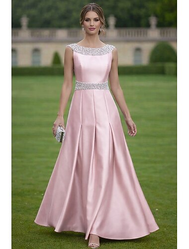  Linea ad A Lunghezza al pavimento Abito da Sera Abito formale Elegante Brillanti Abbellito Senza Maniche Scollo a Barca Matrimonio Formale Raso con Pieghe Cristalli