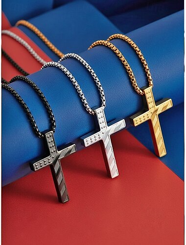  Colar masculino com pingente de cruz em aço inoxidável, joia cristã multicolorida, corrente minimalista para o 250º aniversário dos EUA, Dia da Independência, uso casual, viagens e estilo de férias.