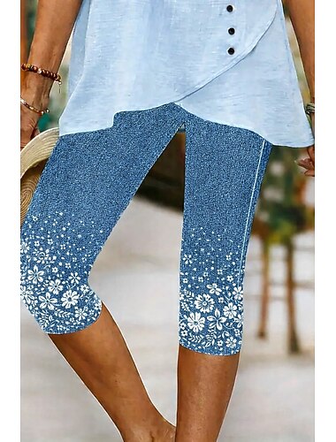  Női Capri nadrágok Pamutszövet nadrág Leggingek Szabadság Szüret Utcai sikk Borjú-hossz Magas derék Virágos Grafika Nyomtatás Mokaszinok Mekano Kényelmes Nyúlós Napi Szabadtéri Vakáció Medence Fekete