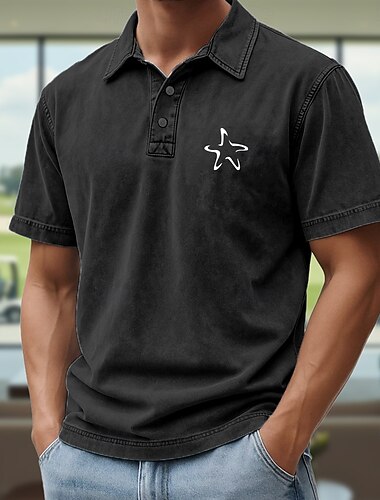  Voor heren Zeester Poloshirts Acid Wash-shirt 100% Katoen Korte mouw Poloshirt Overhemden met kraag Hawaii Casual Buiten Feestdagen Vakantiekleding 3D-afdrukken Knop Lente zomer blauw Zwart Paars