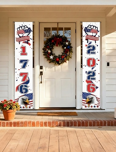  Amerikas 250-årsjubileum av Amerika veranda banner dekorasjoner USA inngangsdøren hengeskilt 1776-2026 patriotisk rød hvit blå velkomstdekor hjem utendørs hage 4. juli festlige forsyninger