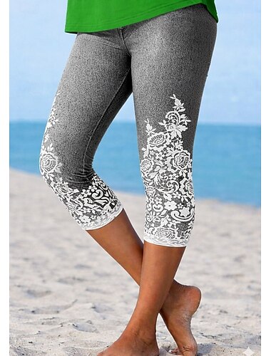  Dame Leggings Ferie Mote Hawaiisk Capris Medium Midje Blomstret Grafisk Printer Trykt mønster Komfort Myk Pustende Høy Elastisitet Avslappet Daglig Feriereise Blå Aske-farget Sommer Vår Slank Fasong