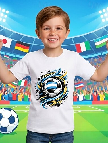  100 % bomull Barn Pojkar Vit Grafisk Fotboll Fotbolls-T-shirts T-shirt Blus Rund hals Kortärmad Utomhus Vardag Mode Streetwear Designer Tryck Sommar