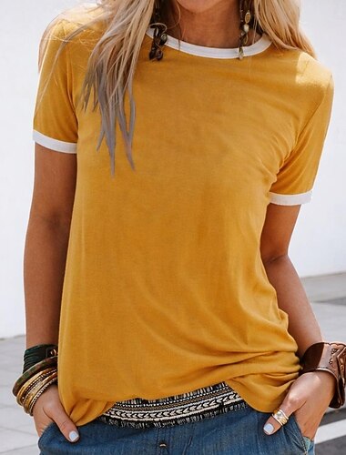  Dame T skjorte T-skjorter Fargeblokk Årgang Stilfull Klassisk Kortermet Crew-hals Rund hals Vanlige topper Daglig Ut på byen Gul Vin Marineblå Himmelblå lysegrå Sommer Vår