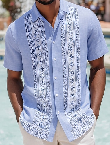  Herre Geometrisk mønster Blomstermønster Etnisk Skjorte Guayabera skjorte Skjorte med knapper Kortermet Vintage retro Daglig utendørs Feriereise Sommer Vår Aftæpning 3D-utskrift Lin som skjorte Bl