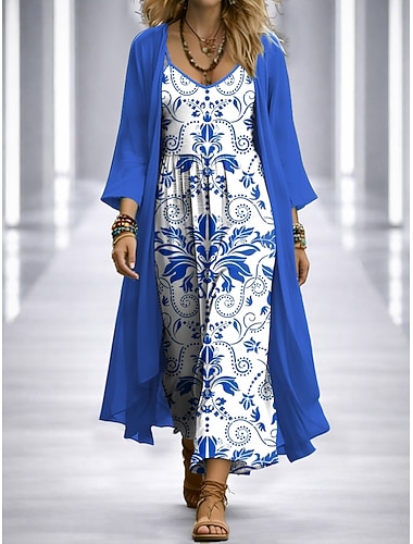  Damen Kleid-Set A Linie Kleid Elegant Urlaub Grafik Geometrie Geschichtet Druck Maxikleid Dreiviertelarm V Ausschnitt Täglich Party Blau Rote Purpur Sommer Frühling Normale Passform