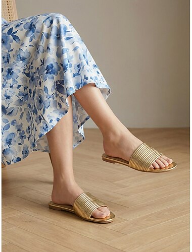  Mulheres Férias Resort ao ar livre Sem Salto Ponta Redonda Férias Couro Sintético Mocassim Prata Dourado