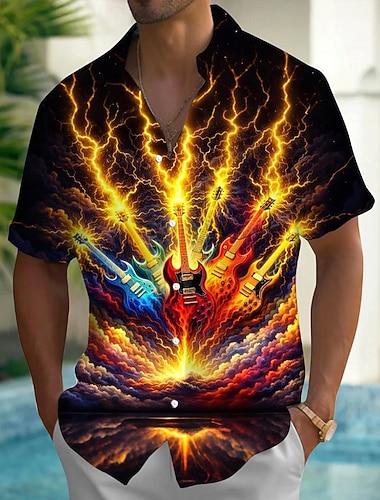  Herre 3D Print Lyn Gitar Skjorte Sommerskjorte Skjorte med knapper Kortermet Fashion Casual utendørs Feriereise musikk festival Sommer Vår Aftæpning 3D-utskrift krage skjorter Front One Lomme Svart