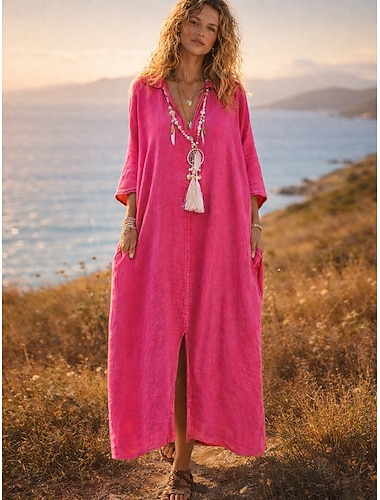  Damen Maxikleid Kunstbaumwollleinen Kaftan Kleid Elegant Mode Ferien Date Lässiger Schnitt Langarm Hemdkragen Weiß Rosenrot Grau Frühling Herbst