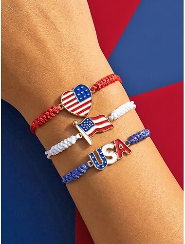  Unisex verstelbare armband van legering en polyester met Amerikaanse vlag, veelkleurige patriottische bedelarmband voor de viering van het 250-jarig bestaan van Amerika, Onafhankelijkheidsdag, casual kleding, reizen en vakanties.