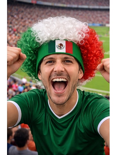  Perruque afro verte, blanche et rouge du Mexique pour les événements sportifs