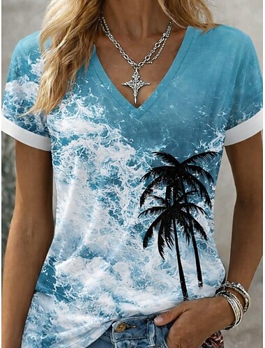  Dame T skjorte Trykt mønster Blomstret Grafisk Planter Årgang Stilfull Klassisk Kortermet V-hals Vanlige topper Daglig Blå Hvit / Blå Rosa Sommer Vår