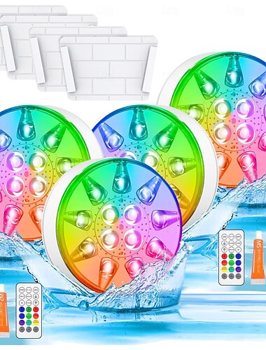  Set van 4 zwembadlampjes, oplaadbare, waterdichte LED-zwembadlampjes met afstandsbediening, IP68 waterdichte onderwaterverlichting voor ingegraven zwembaden, opbouwzwembaden, feesten, jacuzzi's en