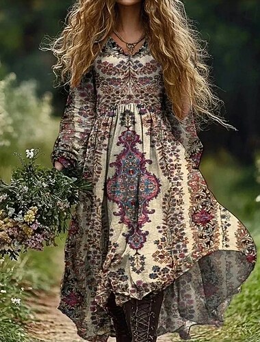  Dame Maxikjole Boho-kjole Vintage kjole Uformell kjole Årgang Daglig utendørs Feriereise Normal Blomstret Langermet V-hals Brun Vår Høst