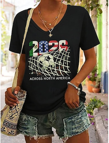  Női Póló Nyomtatott Grafika Foci csapat Stílusos Klasszikus Alkalmi Rövid ujjú V-alakú Normál felsők Napi Medence Fekete Sárga Rubin Lóhere Nyár Tavasz