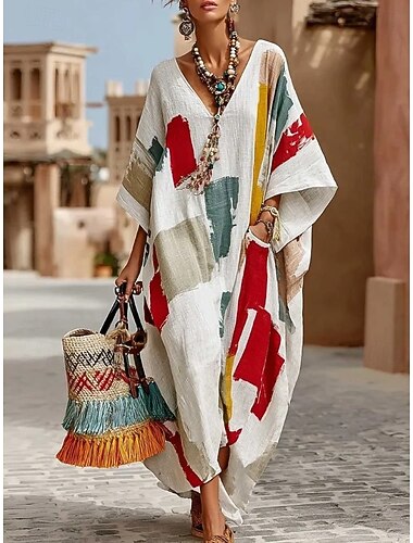  Per donna Abito maxi Vestito Estivo Abito a trapezio Vacanza Casual Boho Spiaggia Uscire Vestibilità comoda Grafico Geometrico Plaid Manica Lunga Scollo a V Blu Giallo scuro Blu chiaro Nero Estate