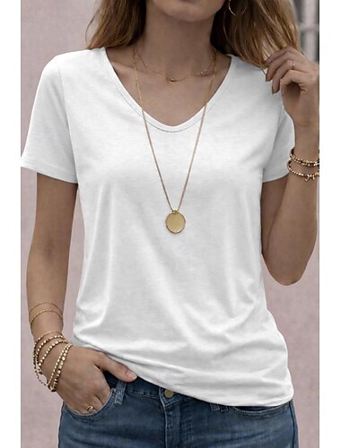  Dame Store T skjorte T-skjorter Helfarge Stilfull Fritid Kortermet V-hals Vanlige topper Daglig Ut på byen Helg Svart Hvit Lys Rosa Lys Lilla Lyseblå Sommer Vår