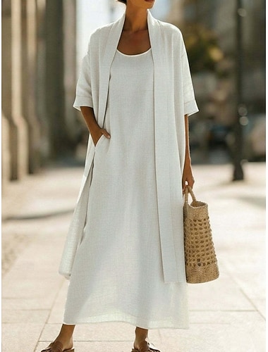  Damen Kleid-Set Shiftkleid Elegant Einfach Tasche Maxikleid Dreiviertelarm Rundhalsausschnitt Täglich Outdoor Blau Weiß Rosa Sommer Frühling Lässiger Schnitt