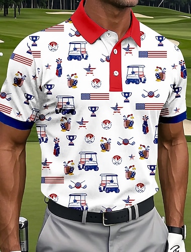  Amerykański Dzień Niepodległości Męskie Amerykańska flaga USA Golf Koszulki sportowe polo Krótki rękaw Koszulki polo Koszule z kołnierzykiem Codzienny Athleisure Guziki Lato Niebieski Czerwony
