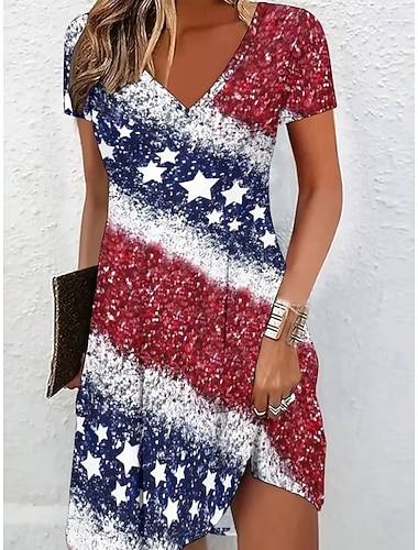  Amerikanischer Unabhängigkeitstag Damen Minikleid Sommerkleid T-Shirt-Kleid A Linie Kleid Urlaub Lässig Boho Strand Normale Passform Grafik Flagge Sternenbanner Kurzarm V Ausschnitt Blau Schwarz
